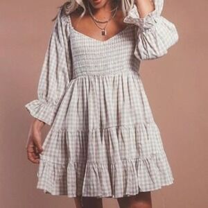 Mable Gingham Milkmaid‎ Smocked Ruffle Tan Mini Dress Small Cottage Beach Femme